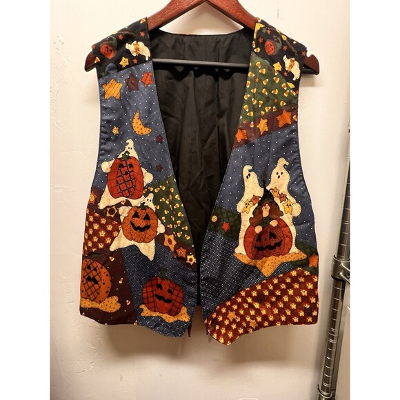 Hand Sewn Leslie Beck Vest Ghosts Pumpkins Cute Witch Open Tie Back M - Picture 1 of 16